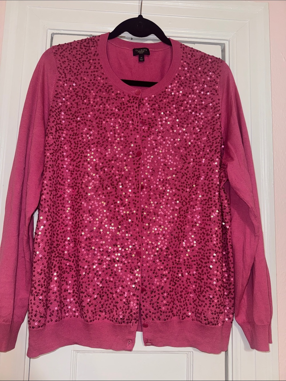 Talbots Hot Pink Sequin Button-Front Cardigan